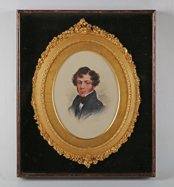 TooveysEnglish School (19th century) - Portrait of a young man, watercolour and bodycolour, oval, 20cm x 15cm, within an oval gilt composition frame within a