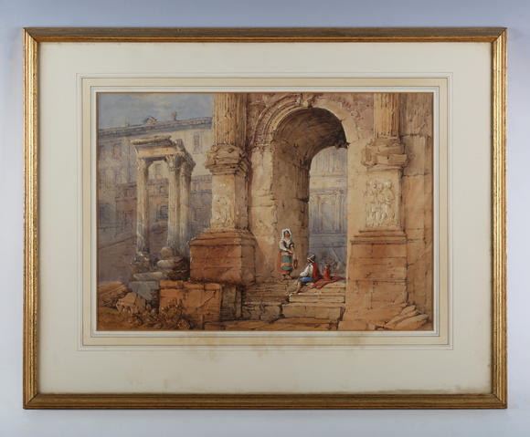 TooveysEnglish School (19th century) - Figures amongst classical ruins, watercolour, indistinctly inscribed 'Rome' lower left, 32cm x 45cm, within a gilt fra