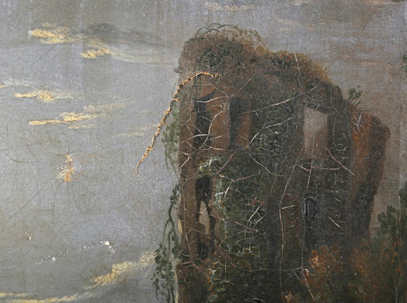 TooveysCircle of Sebastian Pether - Moonlit river scene with ruined tower, oil on canvas, 41cm x 30.5cm, unframed.