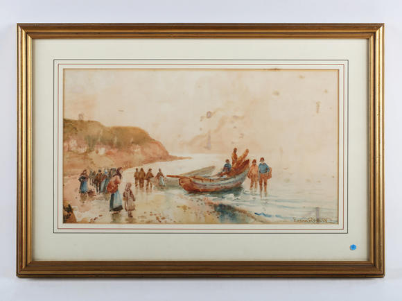 TooveysFrank Rousse (fl.1894-1917) - Beach scene with boat and fisherfolk arriving with a haul, watercolour, signed lower right, 23cm x 40cm, within a gilt f