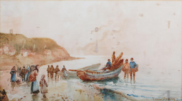TooveysFrank Rousse (fl.1894-1917) - Beach scene with boat and fisherfolk arriving with a haul, watercolour, signed lower right, 23cm x 40cm, within a gilt f