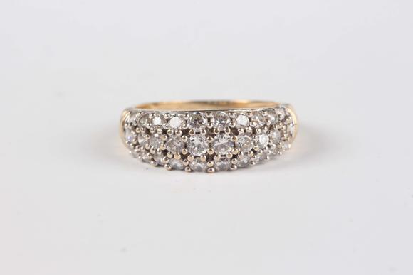 TooveysA 9ct gold ring, claw set with three oval cut green diopsides between baguette cut diamond set shoulders, ring size approx M, and a 9ct gold and colou