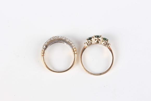 TooveysA 9ct gold ring, claw set with three oval cut green diopsides between baguette cut diamond set shoulders, ring size approx M, and a 9ct gold and colou