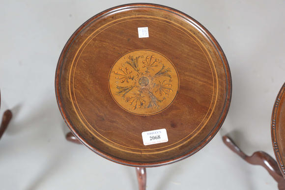 TooveysAn Edwardian mahogany and foliate inlaid tripod wine table, height 53cm, diameter 28cm, together with a pair of 20th century mahogany tripod wine tabl