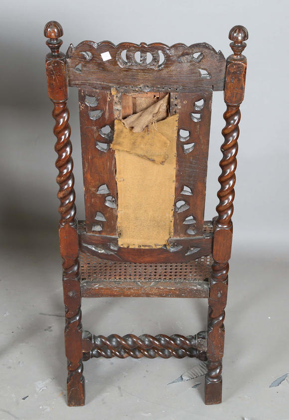 TooveysA George III provincial scumbled pine corner washstand, height 101cm, width 82cm, together with a Carolean walnut framed side chair, height 107cm, wid