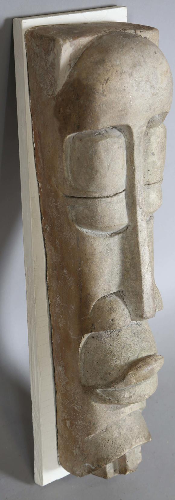 TooveysAttributed to Sidney A. Kumalo - a mid-20th century stoneware/composition wall mounted mask of stylized form, height 60cm, width 16cm, together with r
