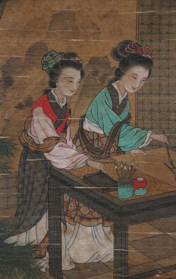 日本松町古美李唐 仕女戲墨圖