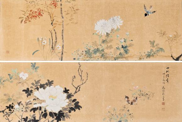 東京中央沐春堂拍賣木下靜涯〈花卉圖〉紙本兩件一組