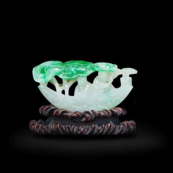 鐮倉(cāng)美術(shù)清 翡翠雕童子泛舟
