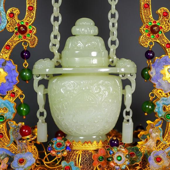 東京蕓術掐絲和田玉鏈條花籃