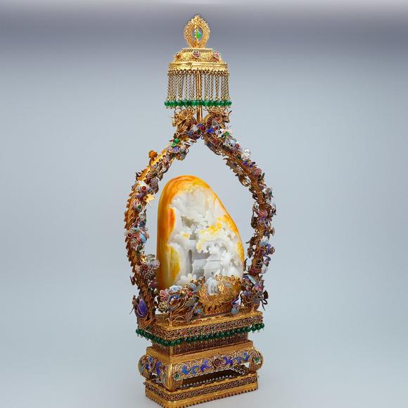 東京蕓術掐絲精品鑲嵌和田玉山水擺件