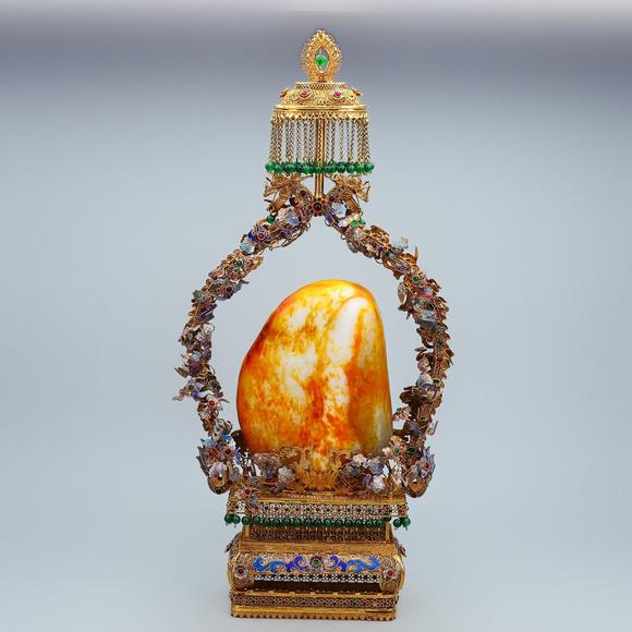 東京蕓術掐絲精品鑲嵌和田玉山水擺件