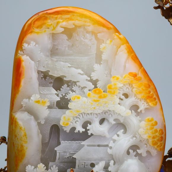 東京蕓術掐絲精品鑲嵌和田玉山水擺件