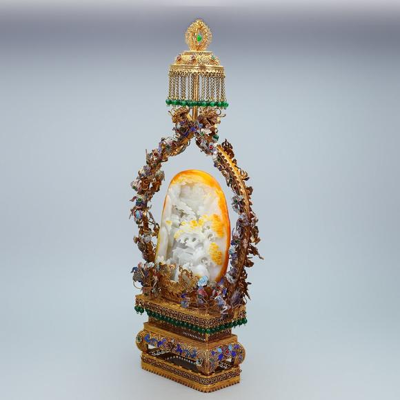 東京蕓術掐絲精品鑲嵌和田玉山水擺件
