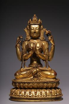 清代,铜鎏金四臂观音造像