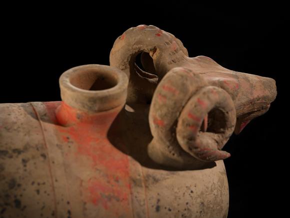 Galerie ZackeA LARGE PAINTED POTTERY ‘RAM’ VESSEL, ZUN, HAN DYNASTY