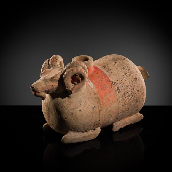 Galerie ZackeA LARGE PAINTED POTTERY ‘RAM’ VESSEL, ZUN, HAN DYNASTY