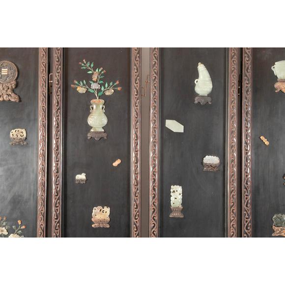 Waddington'sA Jade and Hardstone-Inlaid Black and Gilt-Lacquer Twelve-Panel Floor Screen, Late Qing/Republican Period, 晚清/民國 雕漆嵌寶地屏一套共十二扇