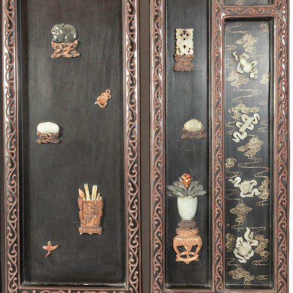Waddington'sA Jade and Hardstone-Inlaid Black and Gilt-Lacquer Twelve-Panel Floor Screen, Late Qing/Republican Period, 晚清/民國 雕漆嵌寶地屏一套共十二扇