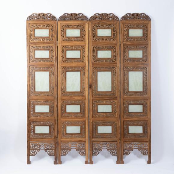 Waddington'sA White Jade-Inset Four-Panel Floor Screen, 20th Century, 二十世紀(jì) 嵌白玉雕花鳥紋地屏一套四扇