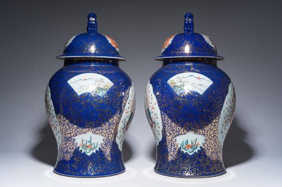 Coronari Auctions BVA pair of large Chinese famille rose blue-ground 'dragons and phoenixes' vases with covers, Kangxi mark, 19th C.