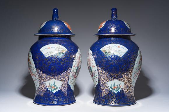 Coronari Auctions BVA pair of large Chinese famille rose blue-ground 'dragons and phoenixes' vases with covers, Kangxi mark, 19th C.