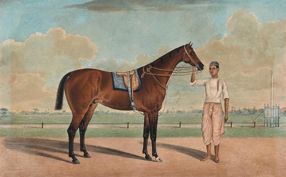 DreweattsSTUDIO OF SHAIKH MUHAMMED OF AMIR KARRAYA (FL. 1830-1850), A WHITE STALLION WITH A GROOM
