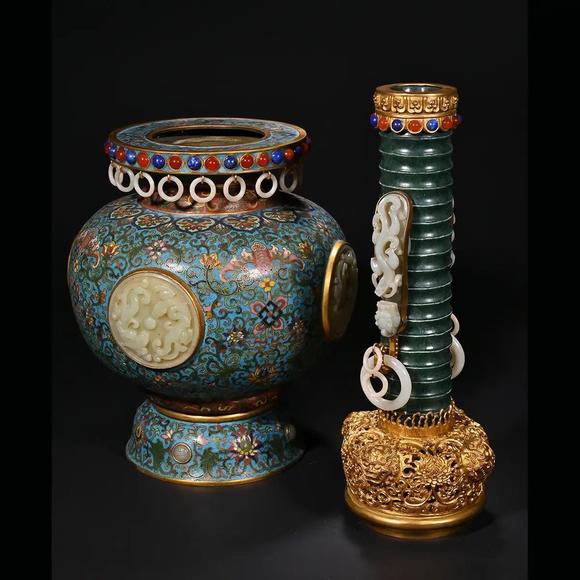 JUBAO HALL AUCTION HOUSE INCPair of Bronze Cloisonné Enamel Jade-Inlaid Scholar's Vases