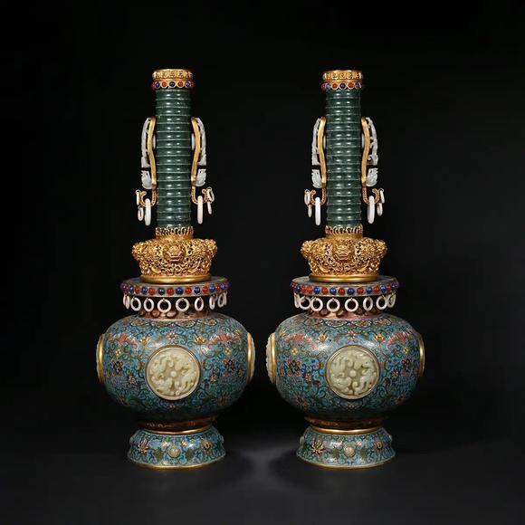 JUBAO HALL AUCTION HOUSE INCPair of Bronze Cloisonné Enamel Jade-Inlaid Scholar's Vases
