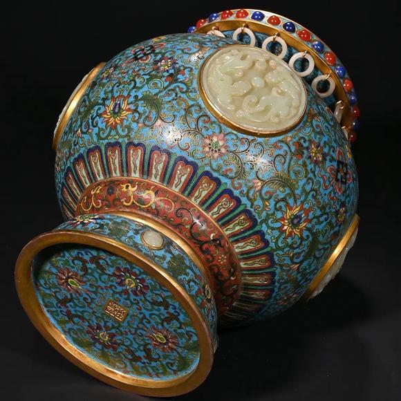 JUBAO HALL AUCTION HOUSE INCPair of Bronze Cloisonné Enamel Jade-Inlaid Scholar's Vases