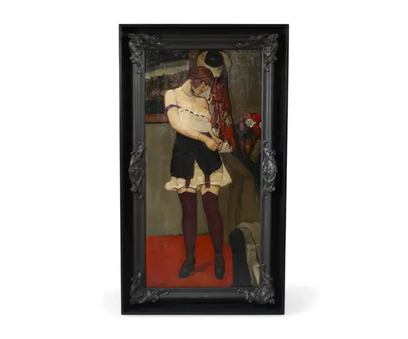 Goldfield Auction sarlsErnest Marneffe (1866-1921) Modèle se déshabillant Oil on canvas depicting a young woman in an interior, captured in a moment of intimacy as she adjusts or removes a piece of clothing, the figure elegantly highlighted by a vertical composition and a subtle palette blending warm tones and dark nuances. Through the delicacy of the gesture, the simplicity of the setting and the softness of the modeling, the artist captures a feminine toilet scene imbued with grace and naturalness, characteristic o