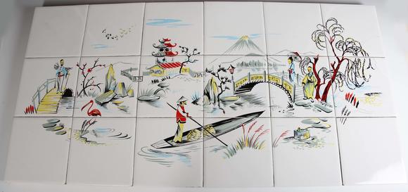 TooveysAn eighteen tile panel printed with a chinoiserie landscape, mid-20t