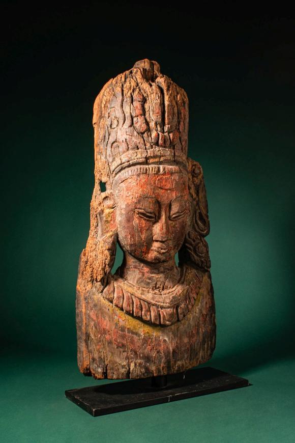 Apollo Art AuctionsCa. 16th century AD, or earlier. >
A finely carved wooden mask depicting a bodhisattva, rendered
