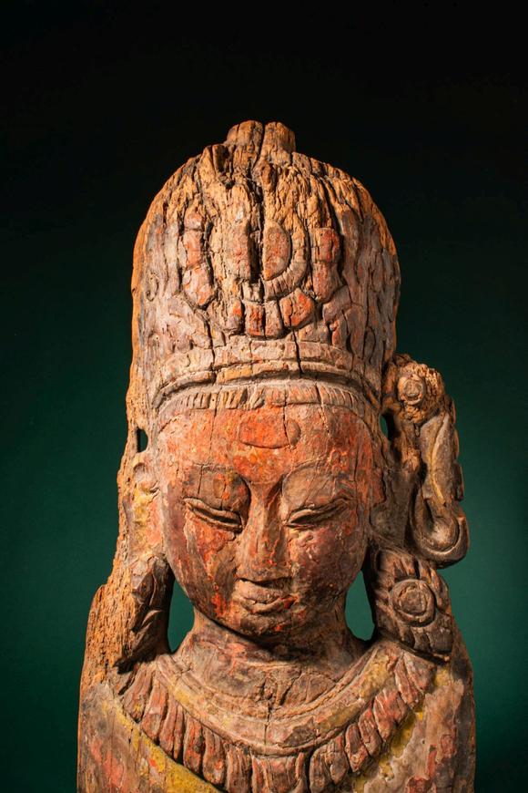 Apollo Art AuctionsCa. 16th century AD, or earlier. >
A finely carved wooden mask depicting a bodhisattva, rendered
