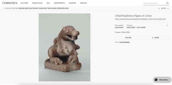 Apollo Art AuctionsCa. 11th - 12th century AD. >
A carved sandstone sculpture depicting a recumbent lion, shown with