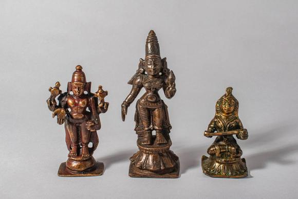 Apollo Art AuctionsCa. 18th-19th century AD. A refined group of three South Indian bronze figures depicting Vishnu,