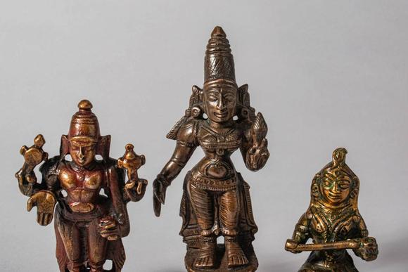 Apollo Art AuctionsCa. 18th-19th century AD. A refined group of three South Indian bronze figures depicting Vishnu,