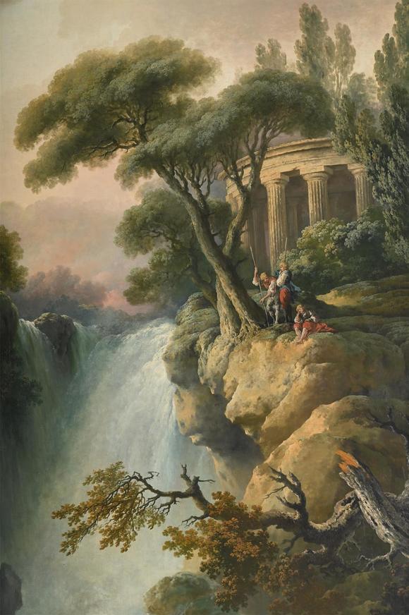 DreweattsITALIAN SCHOOL (18TH CENTURY), LANDSCAPE WITH A WATERFALL AND A TEMPLE
