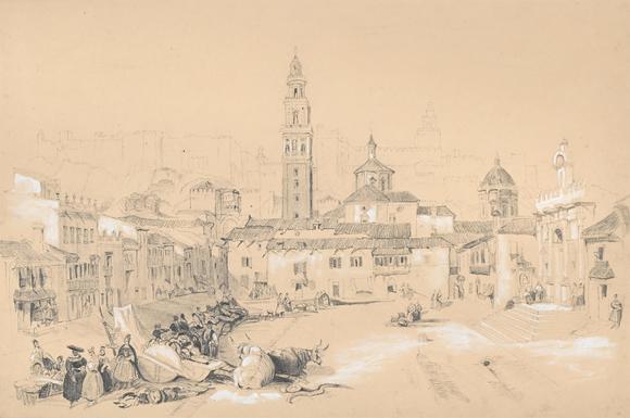 DreweattsCIRCLE OF DAVID ROBERTS (SCOTTISH 1796-1864), GREAT SQUARE AND MARKETPLACE AT CARMONA