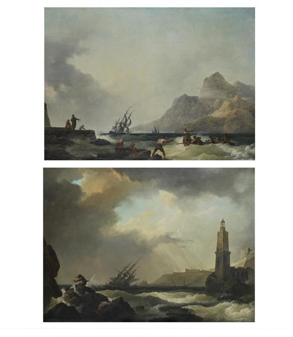 DreweattsPHILIP JAMES DE LOUTHERBOURG (FRENCH 1740-1812), SHIPPING AT SEA WITH FIGURES AND LIGHTHOUSE