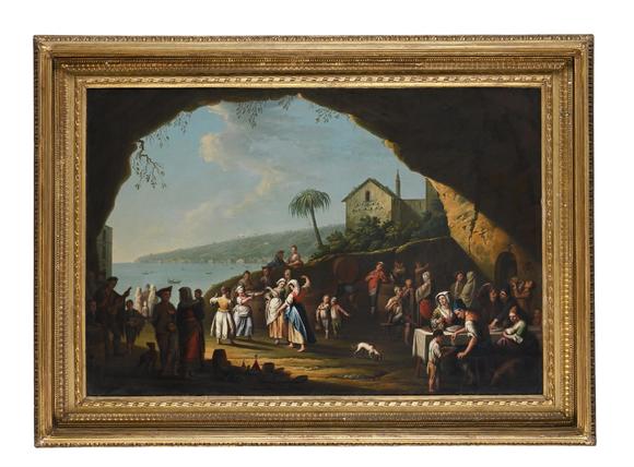 DreweattsPIETRO FABRIS (ITALIAN 1740-1792), VIEW OF THE BAY OF NAPLES WITH PEASANTS DANCING AND EATING PASTA