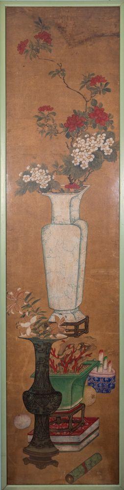 Bertolami Fine ArtA rare four-panel painting depicting scholarly objects and flowers in vases. Ink and pigments on paper. Benzoni Collection, China, Qing Dynasty (1644–1912).