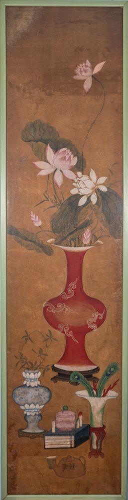 Bertolami Fine ArtA rare four-panel painting depicting scholarly objects and flowers in vases. Ink and pigments on paper. Benzoni Collection, China, Qing Dynasty (1644–1912).