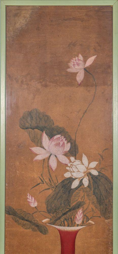 Bertolami Fine ArtA rare four-panel painting depicting scholarly objects and flowers in vases. Ink and pigments on paper. Benzoni Collection, China, Qing Dynasty (1644–1912).