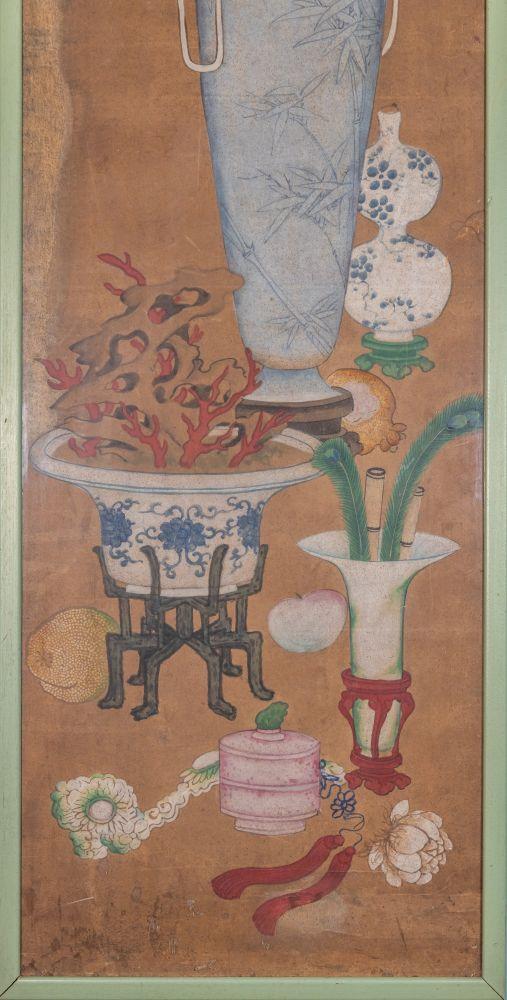 Bertolami Fine ArtA rare four-panel painting depicting scholarly objects and flowers in vases. Ink and pigments on paper. Benzoni Collection, China, Qing Dynasty (1644–1912).