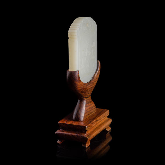 Oakridge Auction Gallery十八世紀晚/十九世紀早 白玉山水詩文牌(附木座）  A Chinese carved white jade 'landscape' and 'inscription' plaque