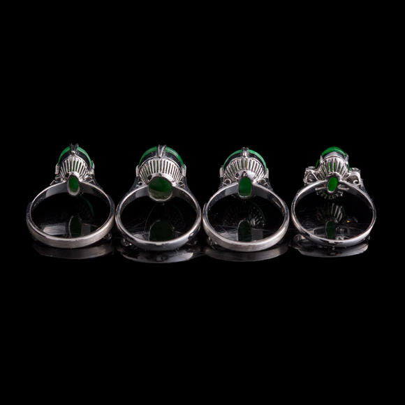 Oakridge Auction Gallery金屬鑲翡翠戒指四隻  Four Chinese jadeite-set white metal rings