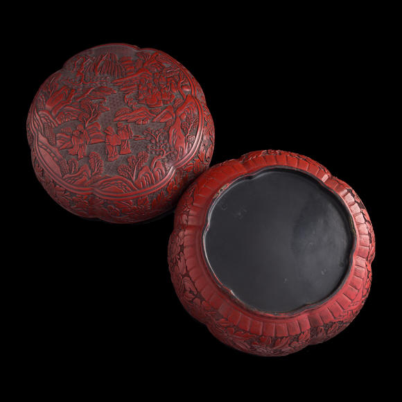 Oakridge Auction Gallery清代 剔紅雕八仙人物花口捧盒  A Chinese cinnabar 'immortals' foliate lidded box