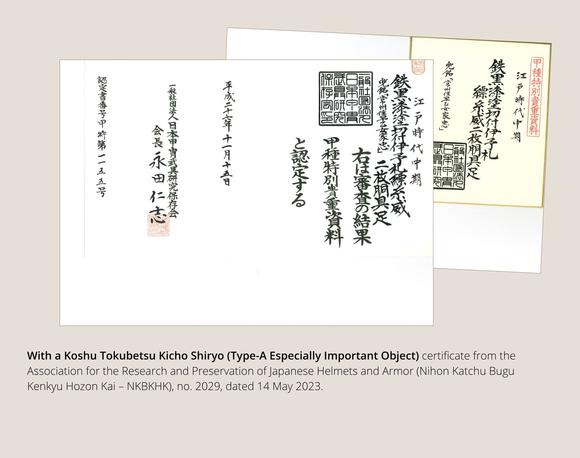 Galerie ZackeSAOTOME: AN IMPRESSIVE OKEGAWA NIMAI-DO GUSOKU (TWO-PIECE CUIRASS ARMOR) AND SUJIBACHI KABUTO, WITH NKBKHK KOSHU TOKUBETSU KICHO (ESPECIALLY IMPORTANT) SHIRYO CERTIFICATE