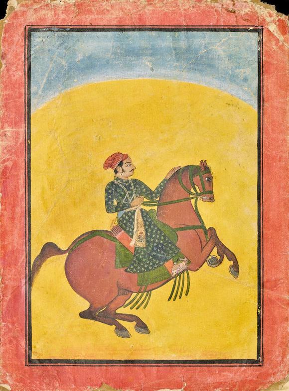 RoseberysAn equestrian portrait of a ruler,?
India, 20th century,?

in the Rajasthani style, opaque pigments on paper, facing right, on a prancing chestnu